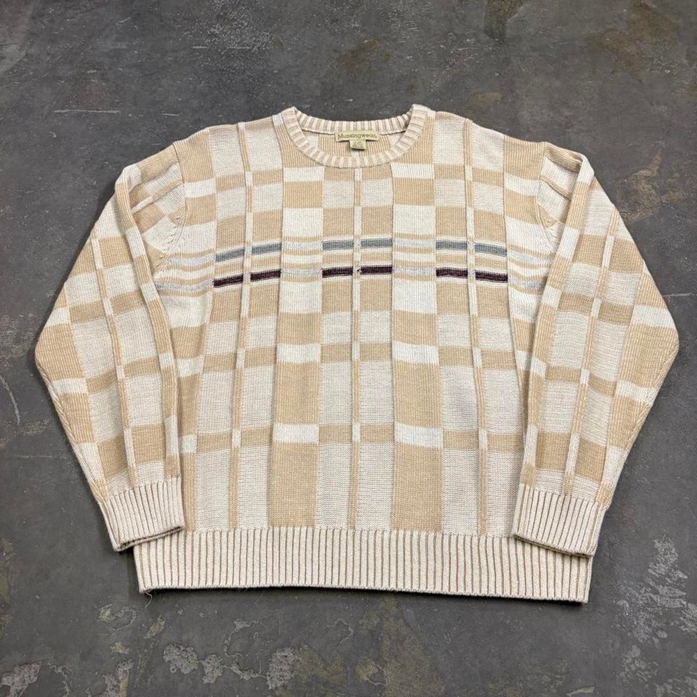 Munsingwear Vintage 2000s Plaid Knit Sweater Mens XL Tan Cream Crewneck